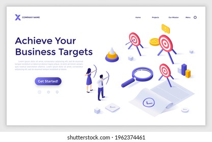 Landing page template with man and woman shooting targets, document or contract, magnifier. Concept of business objectives achievement, archery tournament. Isometric vector illustration for website.