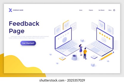Landing page template with man and woman looking at laptop computers with five star rating. Concept of user feedback page, positive review, approval by customers. Modern isometric vector illustration.