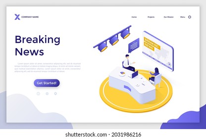 Landing Page Template With Man And Woman Sitting At Desk In Television Studio And Talking. Concept Of Breaking News, Newscast, Tv Program Or Show. Modern Isometric Vector Illustration For Website.