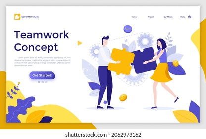 Landing page template with man and woman assembling jigsaw puzzle together. Concept of teamwork, business partnership, work in cooperation with teammate. Modern flat vector illustration for website.