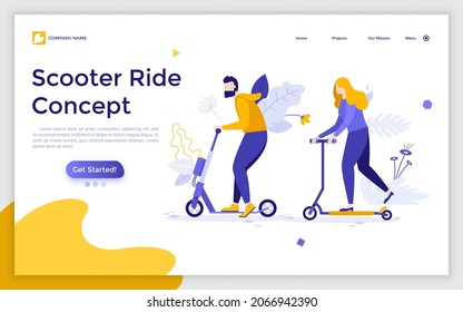 Landing page template with man and woman riding kick scooters. Concept of enjoying outdoor leisure activity together, family healthy lifestyle. Modern flat vector illustration for webpage, website.