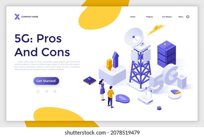 Landing page template with man and woman looking at cell tower. Concept of pros and cons of 5G technology standard for digital cellular networks. Modern isometric vector illustration for webpage.