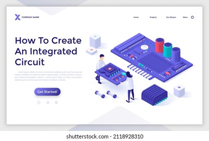 Landing page template with man and woman carrying microprocessor to put it on motherboard. Concept of creation of integrated circuit or microchip. Modern isometric vector illustration for webpage.