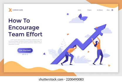 Landing Page Template With Man And Woman Carrying Ascending Arrow Chart Together. Concept Of Team Effort And Work For Progress, Teamwork For Company Development. Flat Vector Illustration For Webpage.