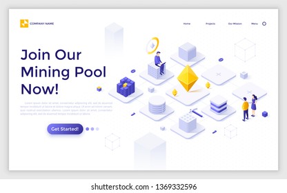 Landing page template with man working on laptop computer and network of cubic blocks. Cryptocurrency mining pool service or technology advertisement. Modern isometric vector illustration for webpage.