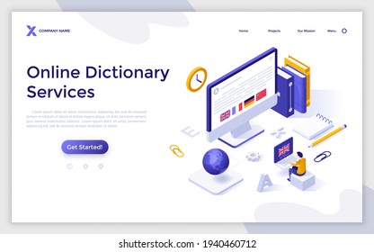 Landing page template with man working on laptop and giant computer with flags of foreign countries on screen. Concept of online dictionary services. Modern isometric vector illustration for webpage.