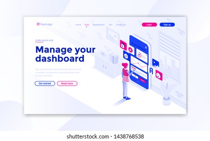 Landing page template of Manage your dashboard. Modern isometric design concept of web page design for website and mobile website. Easy to edit and customize. Vector illustration