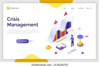 Landing page template with manager looking at ascending bar chart. Concept of crisis management service, developing company growth strategy, rescuing business. Modern isometric vector illustration.