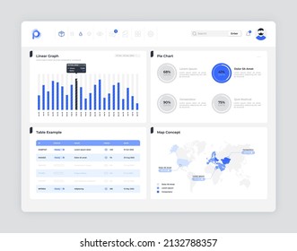 Landing page template with map, pie charts, comparison diagram with colums. Concept of corporate dashboard, financial indicators tracking or monitoring. Modern flat vector illustration for website.