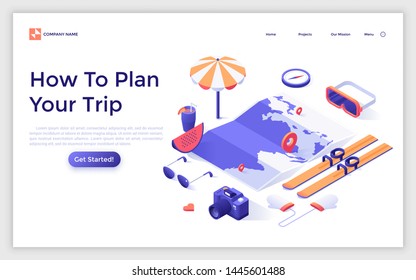 Landing page template with map, skis, umbrella, diving mask. Online vacation trip planning, choosing travel destination on Internet. Modern isometric vector illustration for service advertisement.