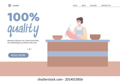 Landing page template meat factory for processing from raw beef to quality ready food. Worker cook sausages or wurst. Flat cartoon vector illustration