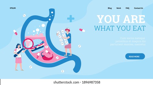 Landing page template for medical diagnostics, treatment of stomach pain. Diseases digestive organs due to poor nutrition, fast food, overeating or poisoning. Vector illustration