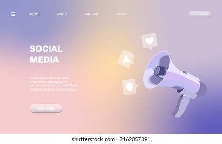 Landing page template of  megaphone  for social media marketing concept. Announcement for marketing. Modern flat design concept for website and mobile, poster, banner, flyer. Vector illustration. 