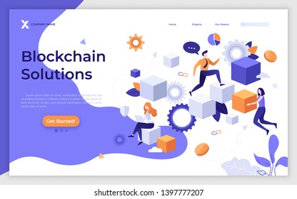 Landing page template with men and women carrying cubic blocks, sitting on them and working. Blockchain solutions, service for cryptocurrency or crypto coin mining. Modern flat vector illustration.