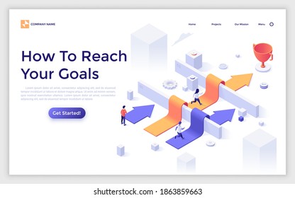 Landing page template with men and women running along arrows laid over barriers towards champion cup. Concept of people reaching business goal and achieving success. Isometric vector illustration.