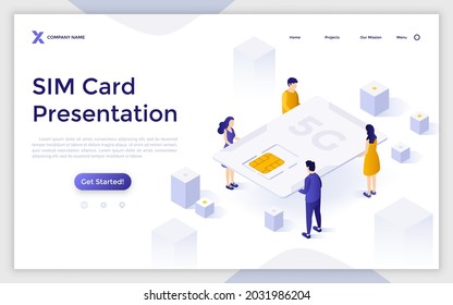 Landing page template with men and women carrying or holding large SIM card. Concept of mobile network operator, wireless communication service provider. Isometric vector illustration for webpage.