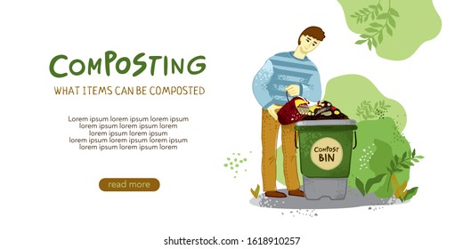 Landing page template for methods and rules for composting in the garden. A man with a bucket near the compost bin. Concept banner of organic fertilizers, compost, soil, agronomy. Vector illustration.