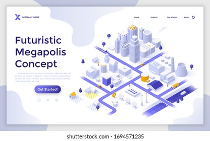 Landing page template with metropolis city map with urban and suburban areas, white buildings, houses, skyscrapers. Concept of futuristic megapolis. Modern isometric vector illustration for webpage.