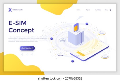 Landing page template with microchip connected to smartphone. Concept of eSIM or electronic universal integrated circuit card, mobile technology. Modern isometric vector illustration for website.