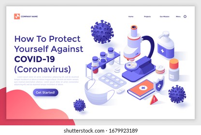 Landing page template with microscope, test tubes, medical mask, hand sanitizer, viruses. Concept of protective measures against Coronavirus infection. Isometric vector illustration for webpage.