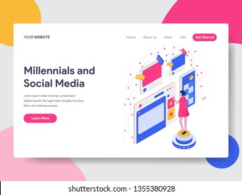 Landing page template of Millennials and Social Media Isometric Illustration Concept. Isometric flat design concept of web page design for website and mobile website.Vector illustration