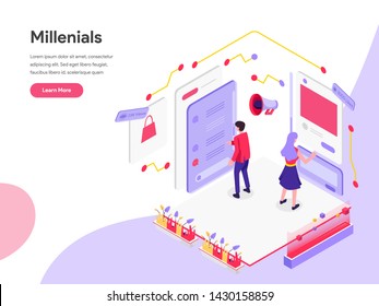 Landing page template of Millennials and Social Media Isometric Illustration Concept. Isometric flat design concept of web page design for website and mobile website.Vector illustration