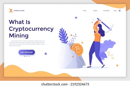 Landing page template with miner with pickaxe extracting golden coin out of rock. Concept of bitcoin or cryptocurrency mining, digital currency farming. Modern flat vector illustration for website.