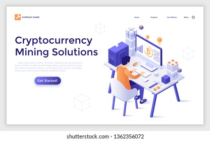 Landing page template with miner sitting at computer with Bitcoin symbol on screen. Software and hardware solutions for cryptocurrency mining. Modern isometric vector illustration for website.