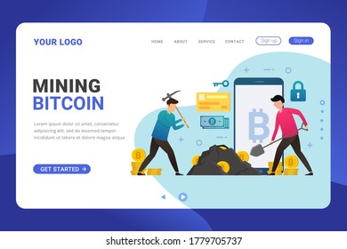 Landing page template Mining bitcoin design concept vector illustration