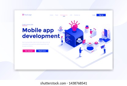 Landing page template of Mobile app development. Modern isometric design concept of web page design for website and mobile website. Easy to edit and customize. Vector illustration