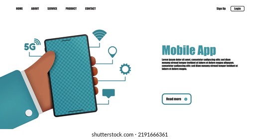 Plantilla De Página De Inicio De La Tecnología De Aplicaciones Móviles - Ilustraciones De Vectores Aisladas En Fondo Blanco