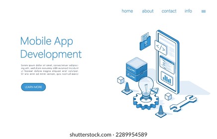 Landing page template mobile app development concept. Isometric vector.