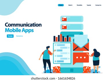 landing page template of mobile apps for communication and sending messages. Chat apps with Smartfone. communication development technology. illustration for ui ux, website, web, mobile apps, flyer