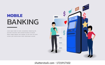 Landing page template of mobile banking illustration