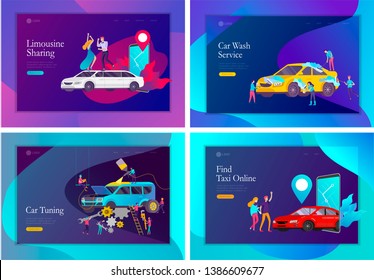 Landing page template mobile city transportation, online limousine, car sharing with family character and smartphone. People characters and automobile repair service, cleaning vehicle. Car wash