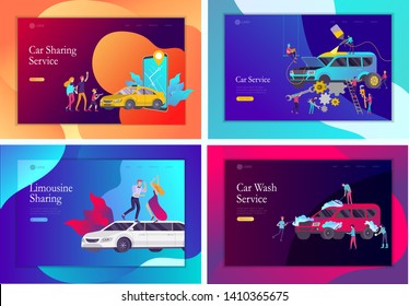 Landing page template mobile city transportation, online limousine, car sharing with family character and smartphone. People characters and automobile repair service, cleaning vehicle. Car wash