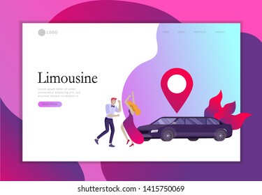 Landing page template mobile city transportation, online limousine sharing with woman in elegant evening dress and man beside luxury limousine and smartphone. Vector flat style illustration