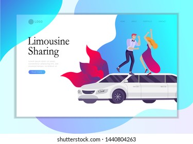 Landing page template mobile city transportation, online limousine sharing with woman in elegant evening dress and man beside luxury limousine and smartphone. Vector flat style illustration
