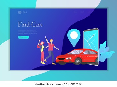 Landing page template mobile city transportation, online car sharing with cartoon family people character and smartphone, online carsharing. Vector flat style illustration