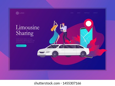 Landing page template mobile city transportation, online limousine sharing with woman in elegant evening dress and man beside luxury limousine and smartphone. Vector flat style illustration