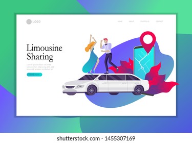 Landing page template mobile city transportation, online limousine sharing with woman in elegant evening dress and man beside luxury limousine and smartphone. Vector flat style illustration