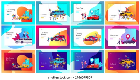 Landing page template mobile city transportation, online limousine, car sharing with family character and smartphone. People characters and automobile repair service, cleaning vehicle. Car wash