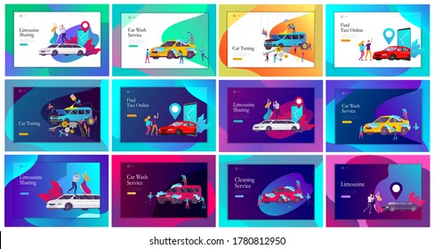 Landing page template mobile city transportation, online limousine, car sharing with family character and smartphone. People characters and automobile repair service, cleaning vehicle. Car wash