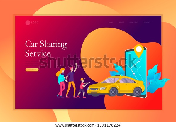 Landing page template\
mobile city transportation, online car sharing with cartoon family\
people character and smartphone, online carsharing. Vector flat\
style illustration
