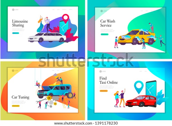 Landing page template mobile city transportation,\
online limousine, car sharing with family character and smartphone.\
People characters and automobile repair service, cleaning vehicle.\
Car wash