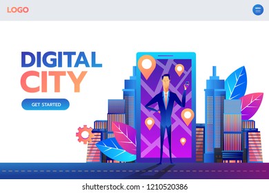 Landing Page Template. Mobile navigation concept vector illustration. Man standing in front of smartphone with gps city map on screen and route. Check-in symbols. Flat design.