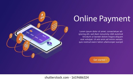 Landing page template of  mobile payments, personal data protection. Transfer money from card. Vector Isometric illustration of smartphone and credit card on purple background.