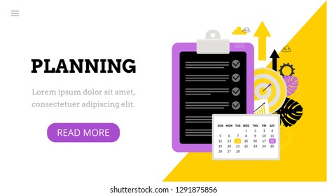 Landing page template. Modern flat planning concept for web design.Vector illustration with check list, calendar and people. Goal. Business strategy.