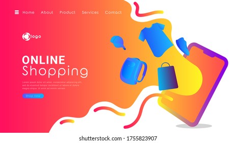 plantilla de página de inicio, diseño de página web de diseño plano moderno, fácil de editar y personalizar. 
ilustración de un zapato, smartphone, mochila, bolsa y camisa