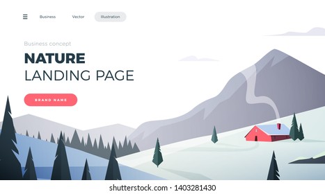 Landing page template. Modern landscape background trees and mountain peaks. Vector illustration